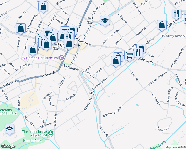 map of restaurants, bars, coffee shops, grocery stores, and more near 315 Park St in Greeneville