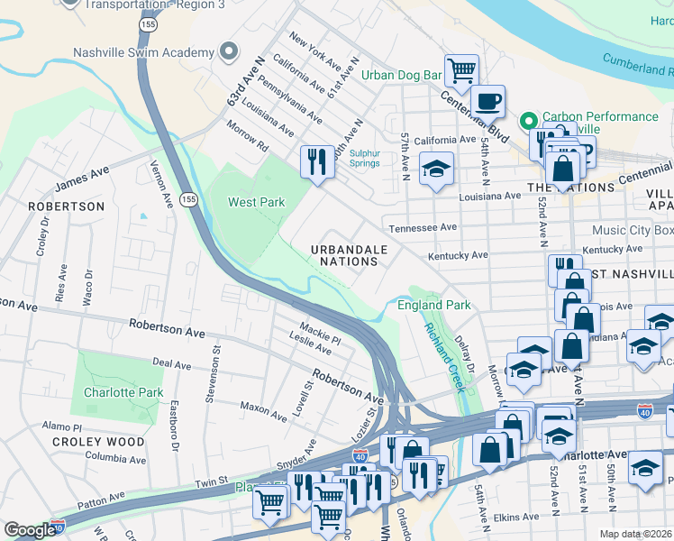 map of restaurants, bars, coffee shops, grocery stores, and more near 5811 Couch Drive in Nashville
