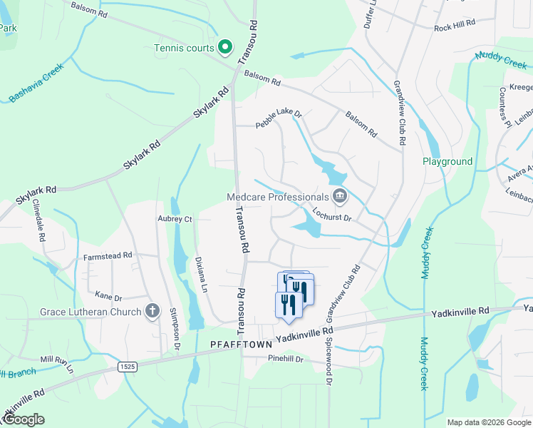 map of restaurants, bars, coffee shops, grocery stores, and more near 4654 Stimpson Ridge Drive in Pfafftown