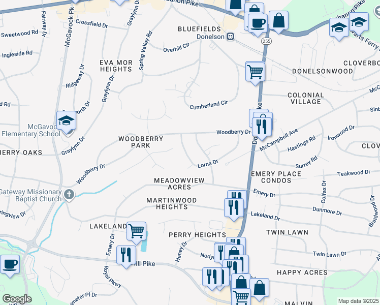 map of restaurants, bars, coffee shops, grocery stores, and more near 313 Lorna Dr in Nashville