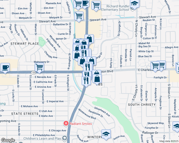 map of restaurants, bars, coffee shops, grocery stores, and more near 2 North Nellis Boulevard in Las Vegas
