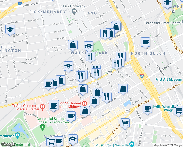 map of restaurants, bars, coffee shops, grocery stores, and more near 416 Doctor DB Todd Junior Boulevard in Nashville