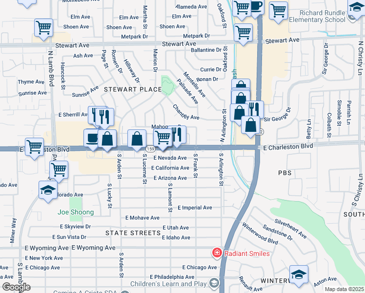 map of restaurants, bars, coffee shops, grocery stores, and more near in Sunrise Manor
