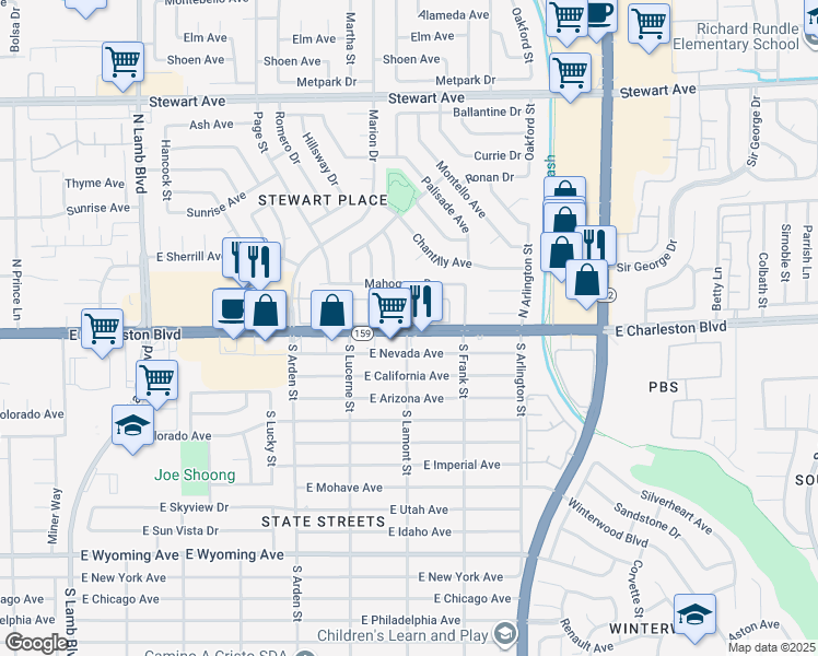map of restaurants, bars, coffee shops, grocery stores, and more near in Sunrise Manor