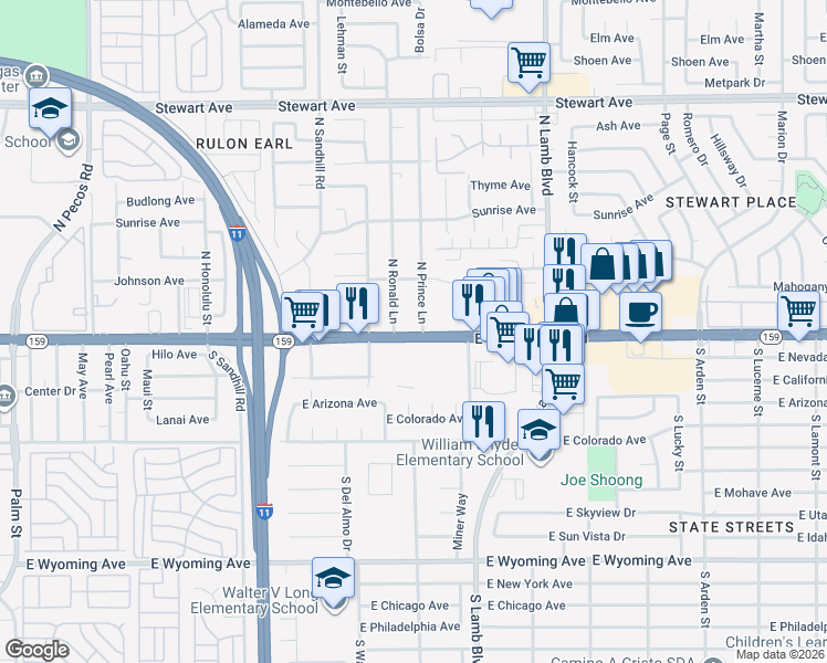 map of restaurants, bars, coffee shops, grocery stores, and more near 10 East Charleston Boulevard in Las Vegas