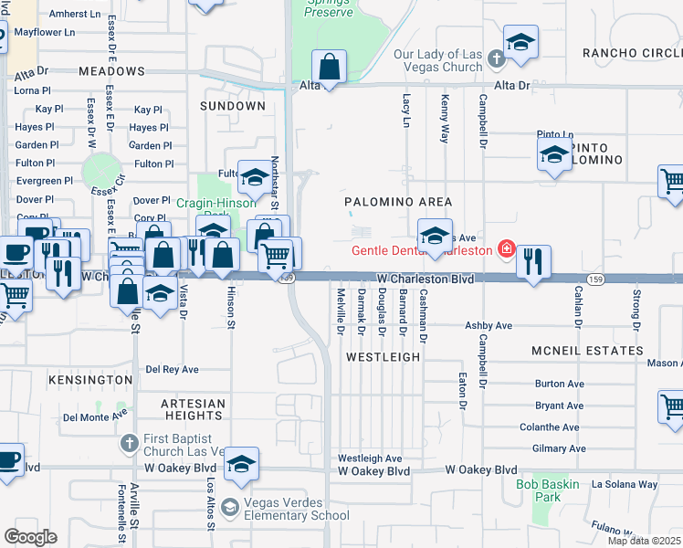map of restaurants, bars, coffee shops, grocery stores, and more near 360 Darmak Drive in Las Vegas