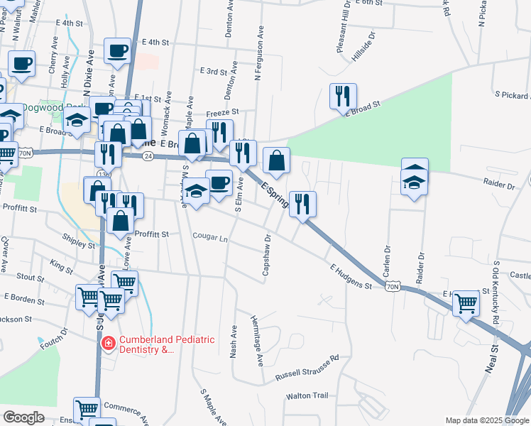 map of restaurants, bars, coffee shops, grocery stores, and more near 125 Wilhite Avenue in Cookeville