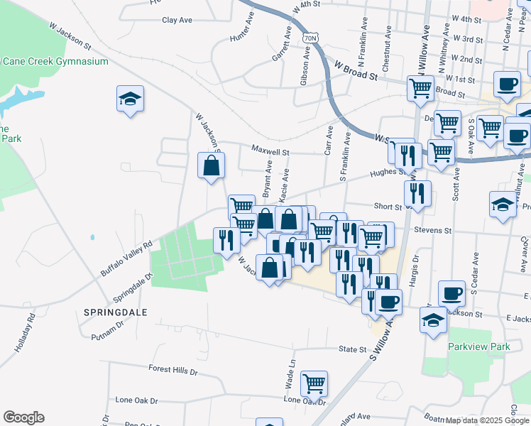 map of restaurants, bars, coffee shops, grocery stores, and more near 101 Stevens Point Drive in Cookeville