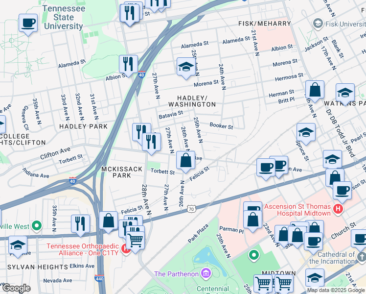 map of restaurants, bars, coffee shops, grocery stores, and more near 707 26th Avenue North in Nashville