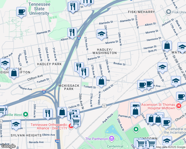 map of restaurants, bars, coffee shops, grocery stores, and more near in Nashville