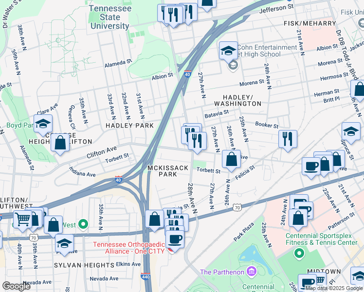 map of restaurants, bars, coffee shops, grocery stores, and more near 701 29th Avenue North in Nashville