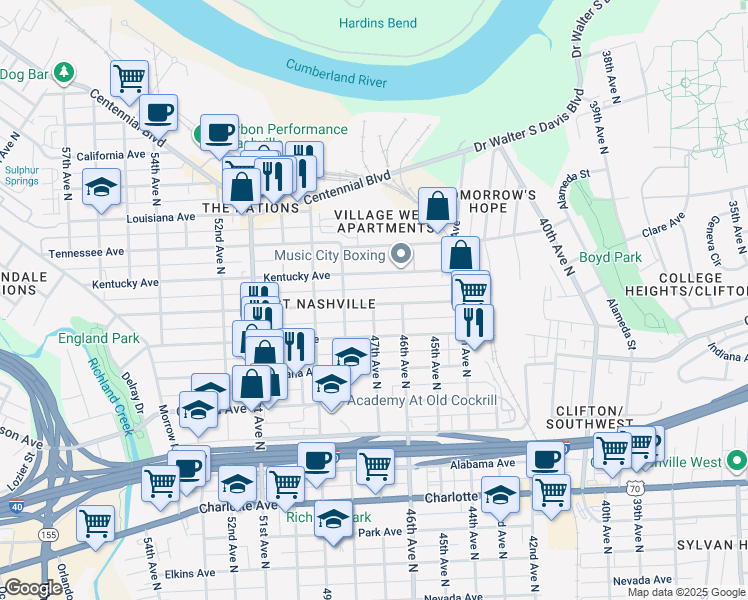 map of restaurants, bars, coffee shops, grocery stores, and more near 4704A Michigan Avenue in Nashville