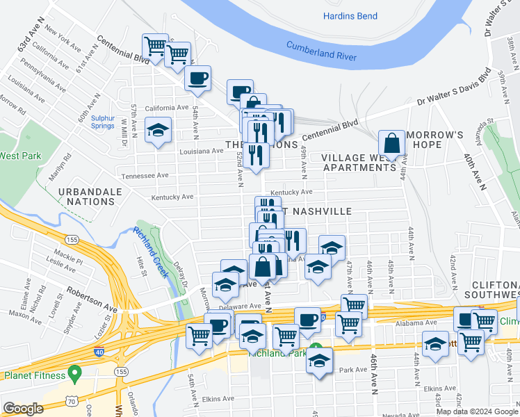 map of restaurants, bars, coffee shops, grocery stores, and more near 5010 Michigan Avenue in Nashville