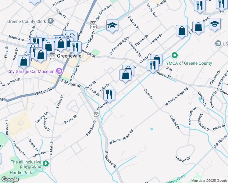 map of restaurants, bars, coffee shops, grocery stores, and more near 106 Haney Alley in Greeneville