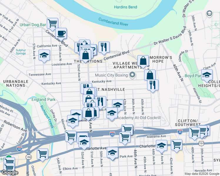 map of restaurants, bars, coffee shops, grocery stores, and more near 4804 Michigan Avenue in Nashville