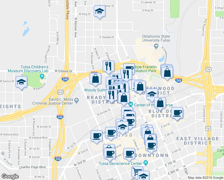 map of restaurants, bars, coffee shops, grocery stores, and more near 224 North Main Street in Tulsa