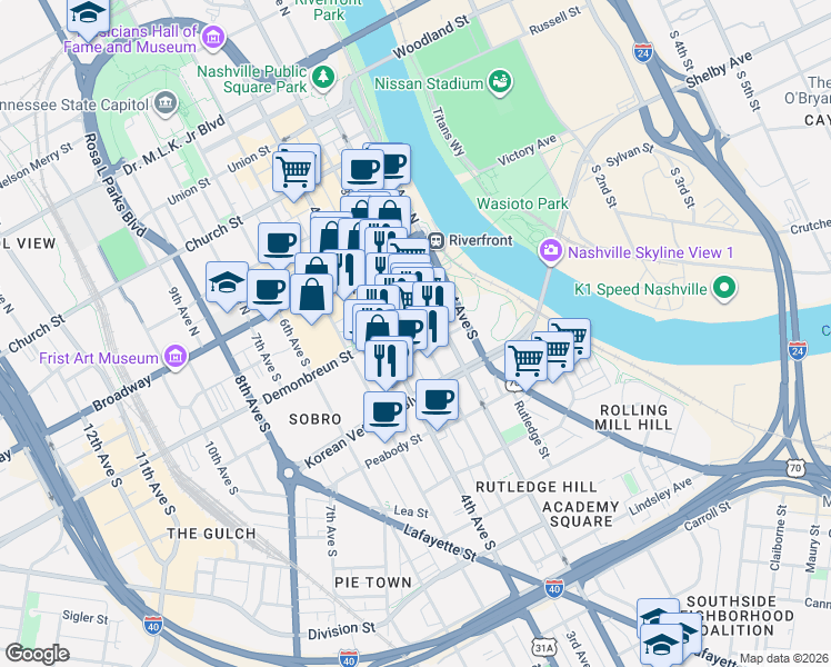 map of restaurants, bars, coffee shops, grocery stores, and more near 210 Almond Street in Nashville