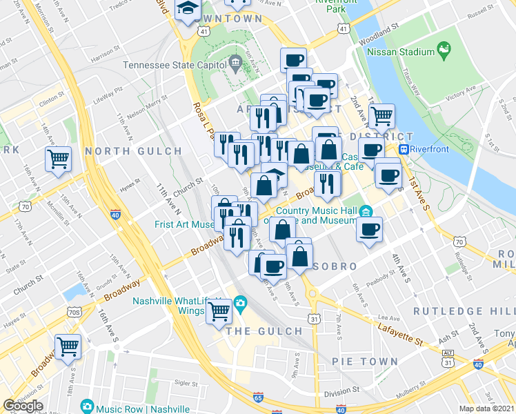 map of restaurants, bars, coffee shops, grocery stores, and more near 810 Broadway in Nashville