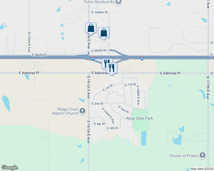 map of restaurants, bars, coffee shops, grocery stores, and more near 16425 East 1st Street in Tulsa