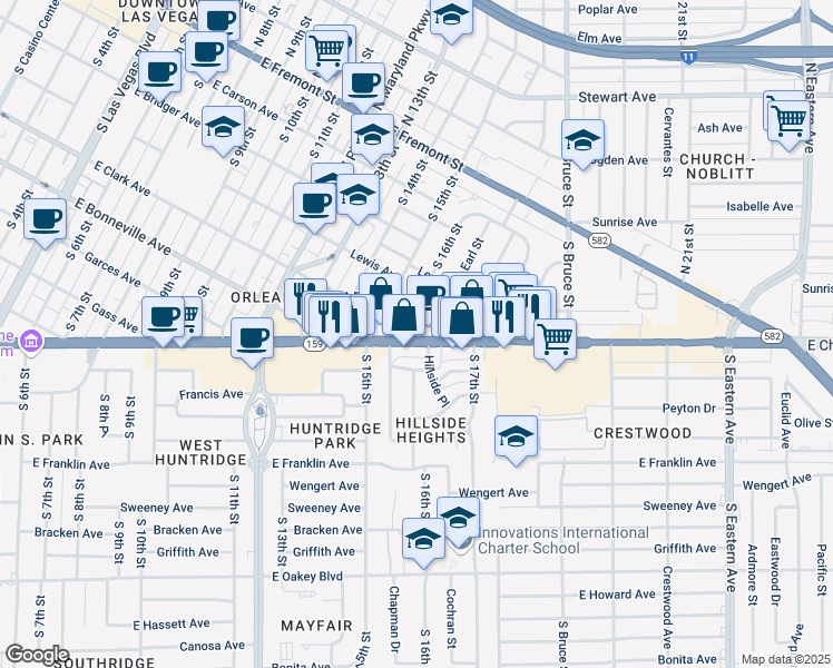 map of restaurants, bars, coffee shops, grocery stores, and more near 1605 Nevada 159 in Las Vegas