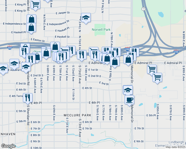 map of restaurants, bars, coffee shops, grocery stores, and more near 7427 East 2nd Street in Tulsa