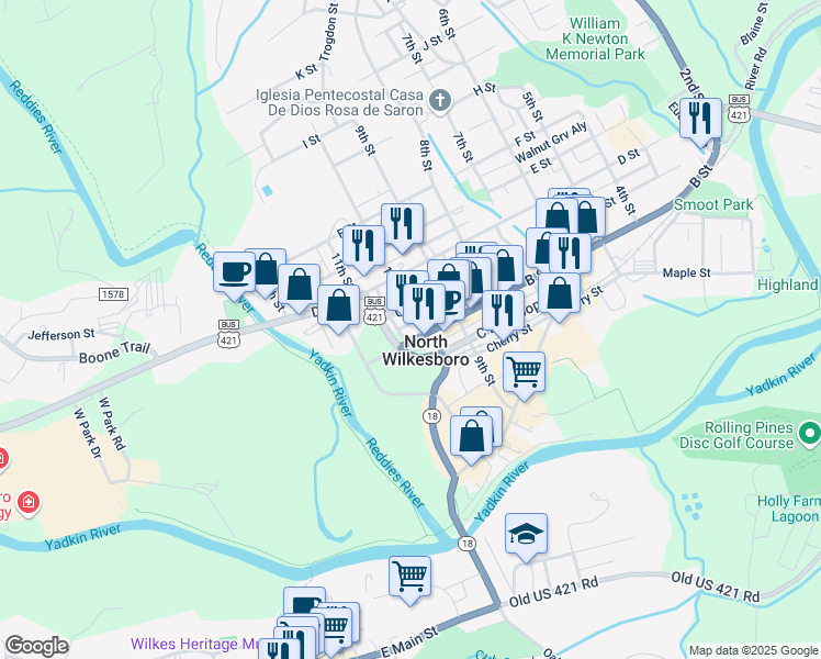 map of restaurants, bars, coffee shops, grocery stores, and more near 209 10th Street in North Wilkesboro