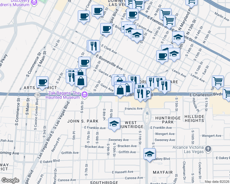 map of restaurants, bars, coffee shops, grocery stores, and more near South 9th Street in Las Vegas