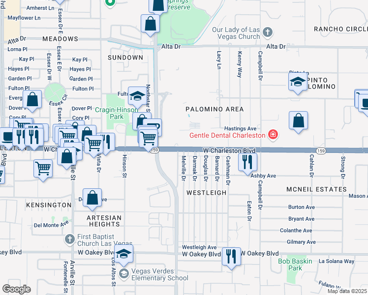 map of restaurants, bars, coffee shops, grocery stores, and more near 360 Darmak Drive in Las Vegas