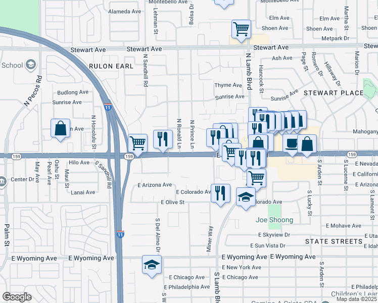 map of restaurants, bars, coffee shops, grocery stores, and more near 10 East Charleston Boulevard in Las Vegas