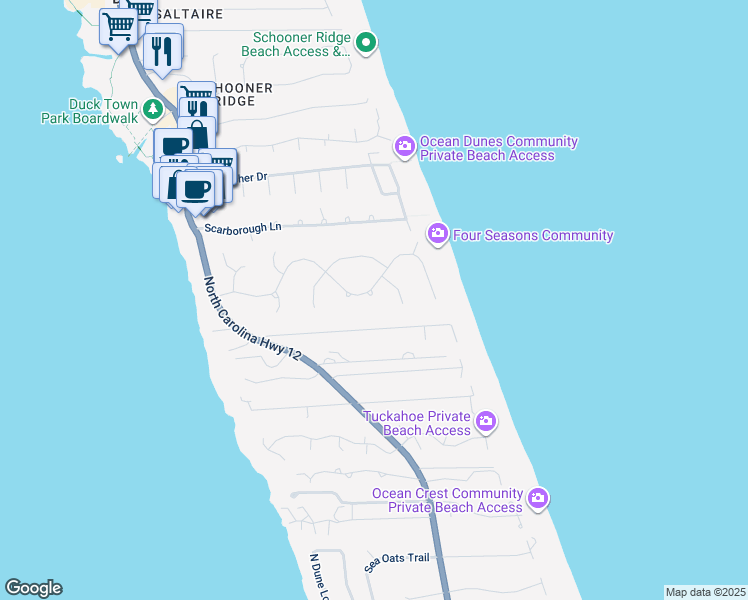 map of restaurants, bars, coffee shops, grocery stores, and more near 149 Four Seasons Lane in Kitty Hawk