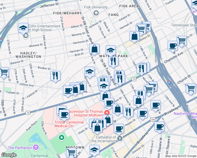 map of restaurants, bars, coffee shops, grocery stores, and more near 1829 Jo Johnston Avenue in Nashville