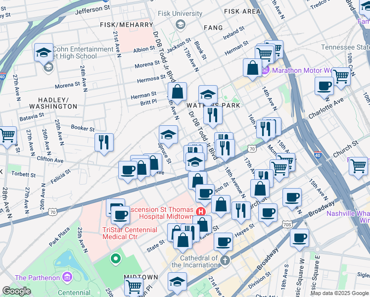 map of restaurants, bars, coffee shops, grocery stores, and more near 1829 Jo Johnston Avenue in Nashville