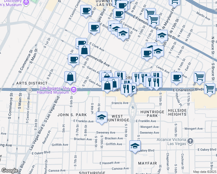 map of restaurants, bars, coffee shops, grocery stores, and more near 923 East Charleston Boulevard in Las Vegas