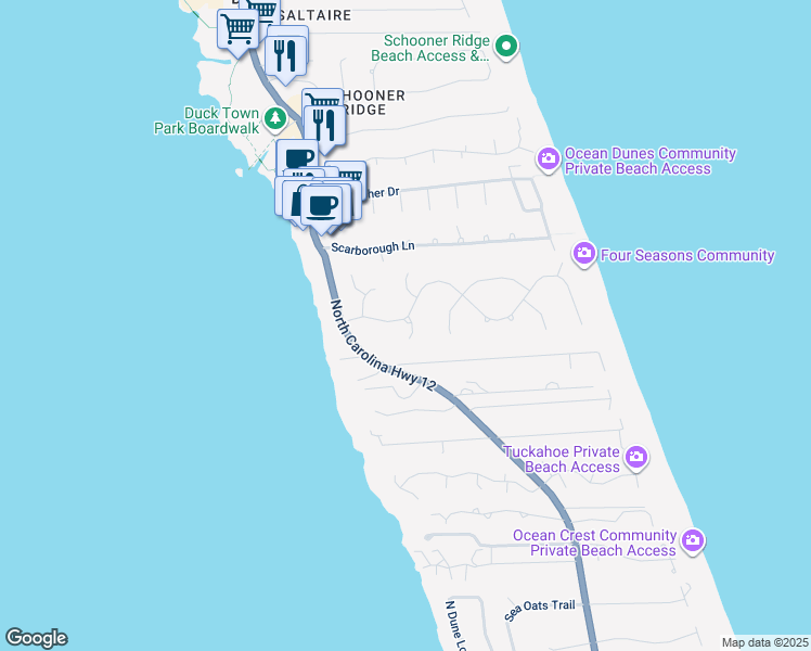 map of restaurants, bars, coffee shops, grocery stores, and more near 113 Four Seasons Lane in Kitty Hawk