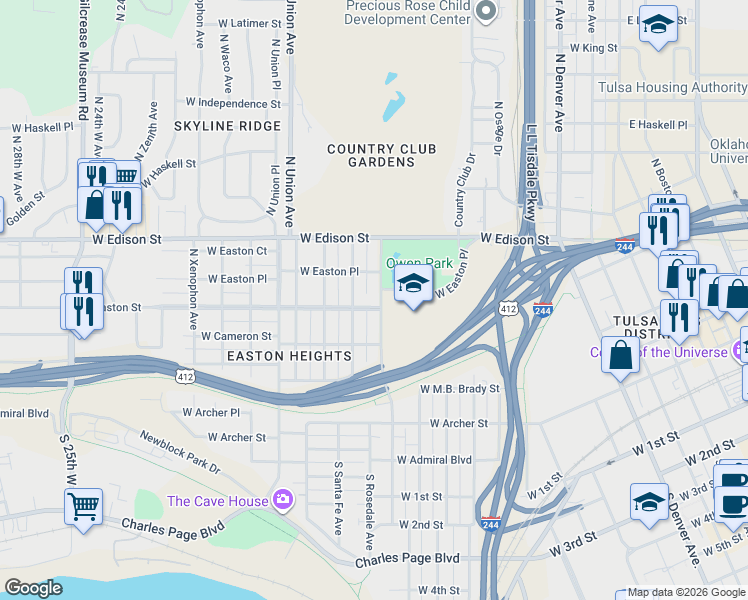 map of restaurants, bars, coffee shops, grocery stores, and more near 504 North Quanah Avenue in Tulsa