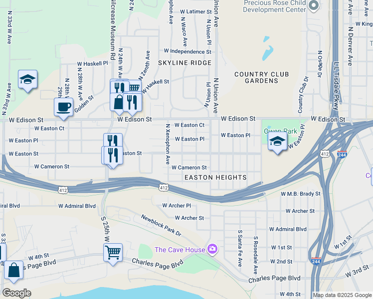 map of restaurants, bars, coffee shops, grocery stores, and more near 1819 West Easton Street in Tulsa