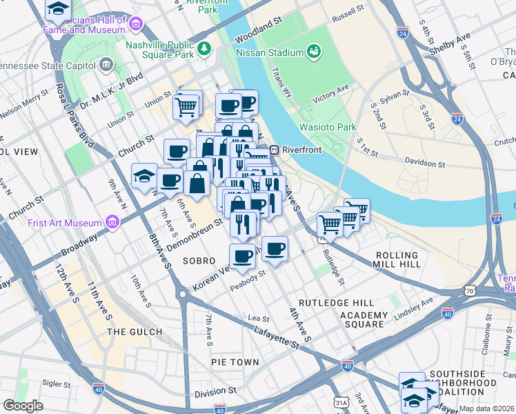 map of restaurants, bars, coffee shops, grocery stores, and more near 210 Almond Street in Nashville