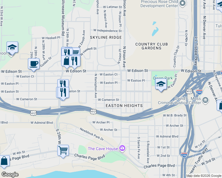 map of restaurants, bars, coffee shops, grocery stores, and more near 1819 West Easton Street in Tulsa