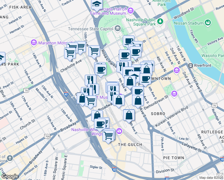map of restaurants, bars, coffee shops, grocery stores, and more near 117 10th Avenue North in Nashville