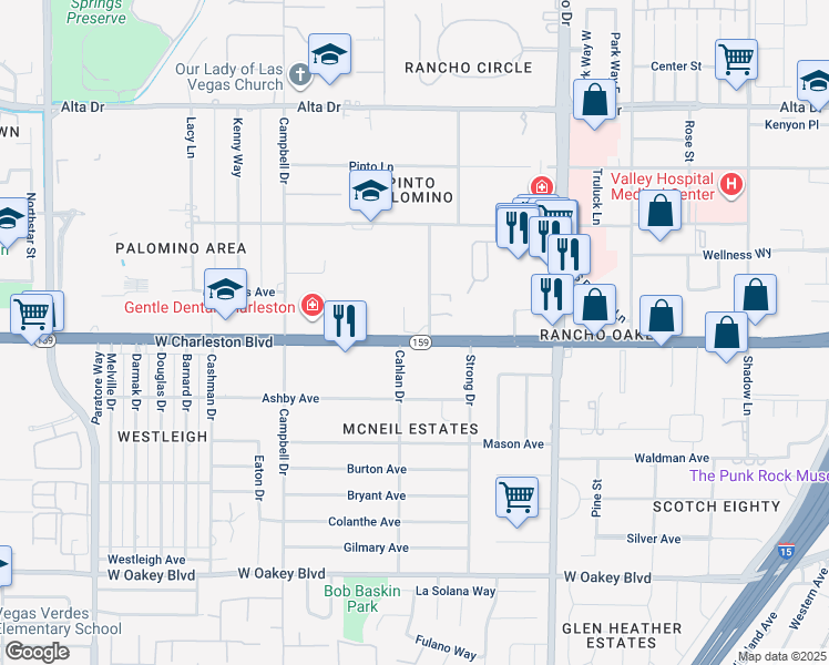 map of restaurants, bars, coffee shops, grocery stores, and more near 2710 West Charleston Boulevard in Las Vegas