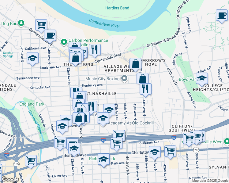 map of restaurants, bars, coffee shops, grocery stores, and more near 4704A Michigan Avenue in Nashville