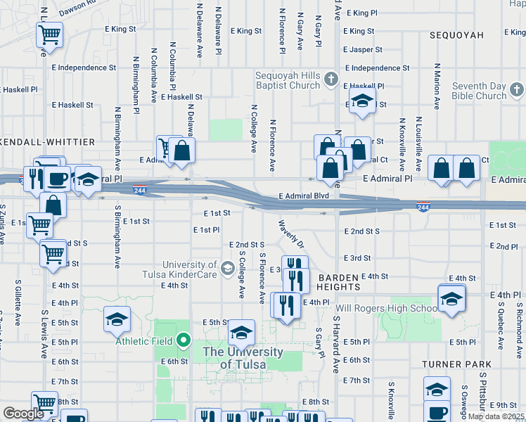 map of restaurants, bars, coffee shops, grocery stores, and more near 3 South Florence Avenue in Tulsa