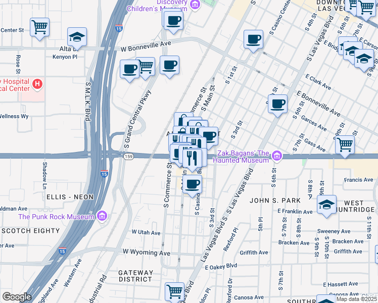 map of restaurants, bars, coffee shops, grocery stores, and more near 1 East Charleston Boulevard in Las Vegas