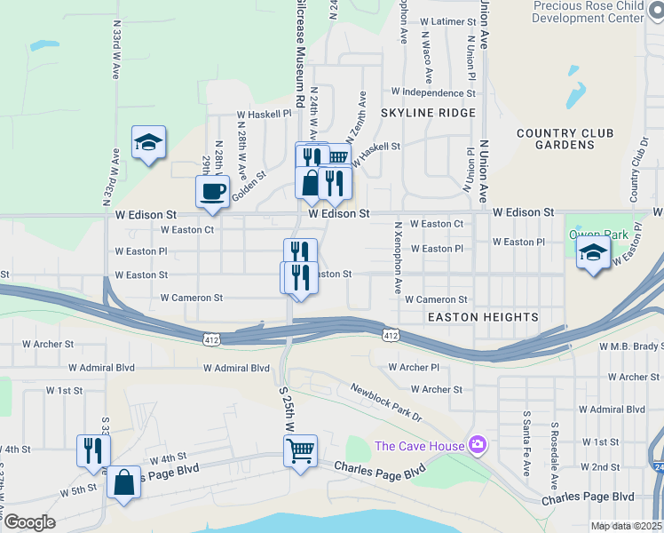 map of restaurants, bars, coffee shops, grocery stores, and more near 509 North 23rd West Avenue in Tulsa