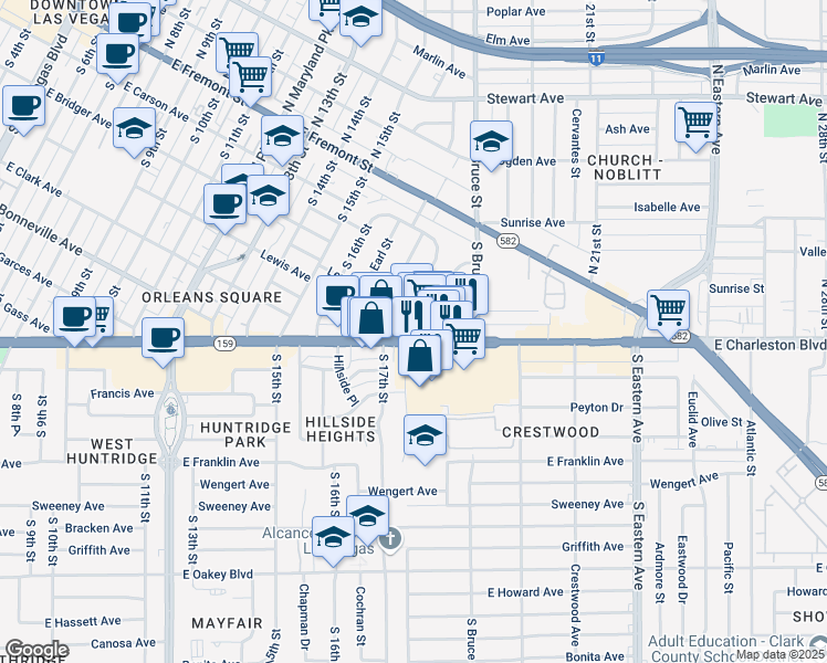 map of restaurants, bars, coffee shops, grocery stores, and more near 1723 East Charleston Boulevard in Las Vegas