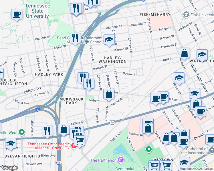 map of restaurants, bars, coffee shops, grocery stores, and more near 707 26th Avenue North in Nashville
