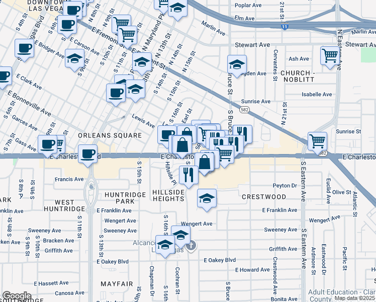 map of restaurants, bars, coffee shops, grocery stores, and more near 1721 East Charleston Boulevard in Las Vegas