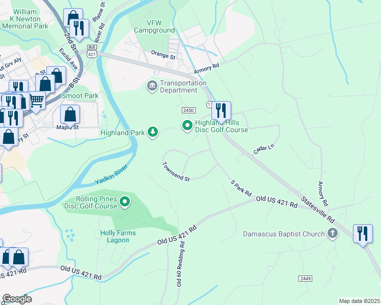map of restaurants, bars, coffee shops, grocery stores, and more near 567 Townsend Street in North Wilkesboro