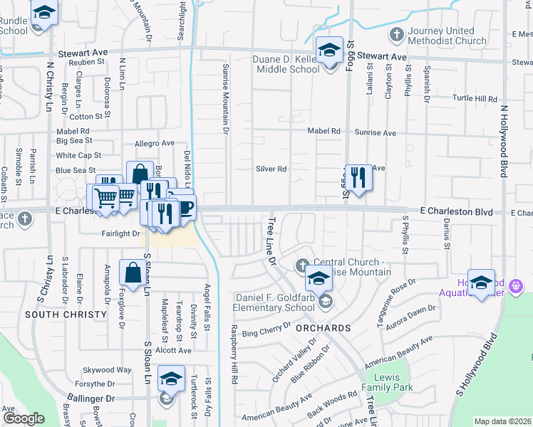 map of restaurants, bars, coffee shops, grocery stores, and more near in Sunrise Manor