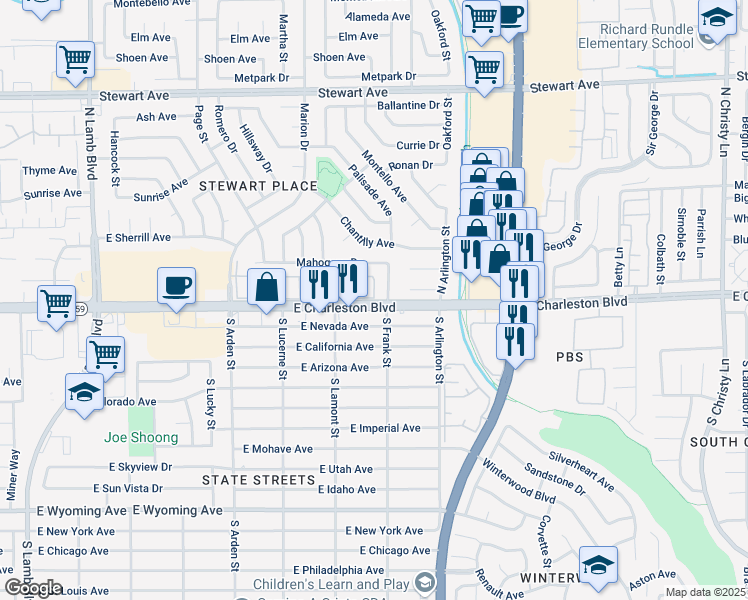 map of restaurants, bars, coffee shops, grocery stores, and more near in Sunrise Manor